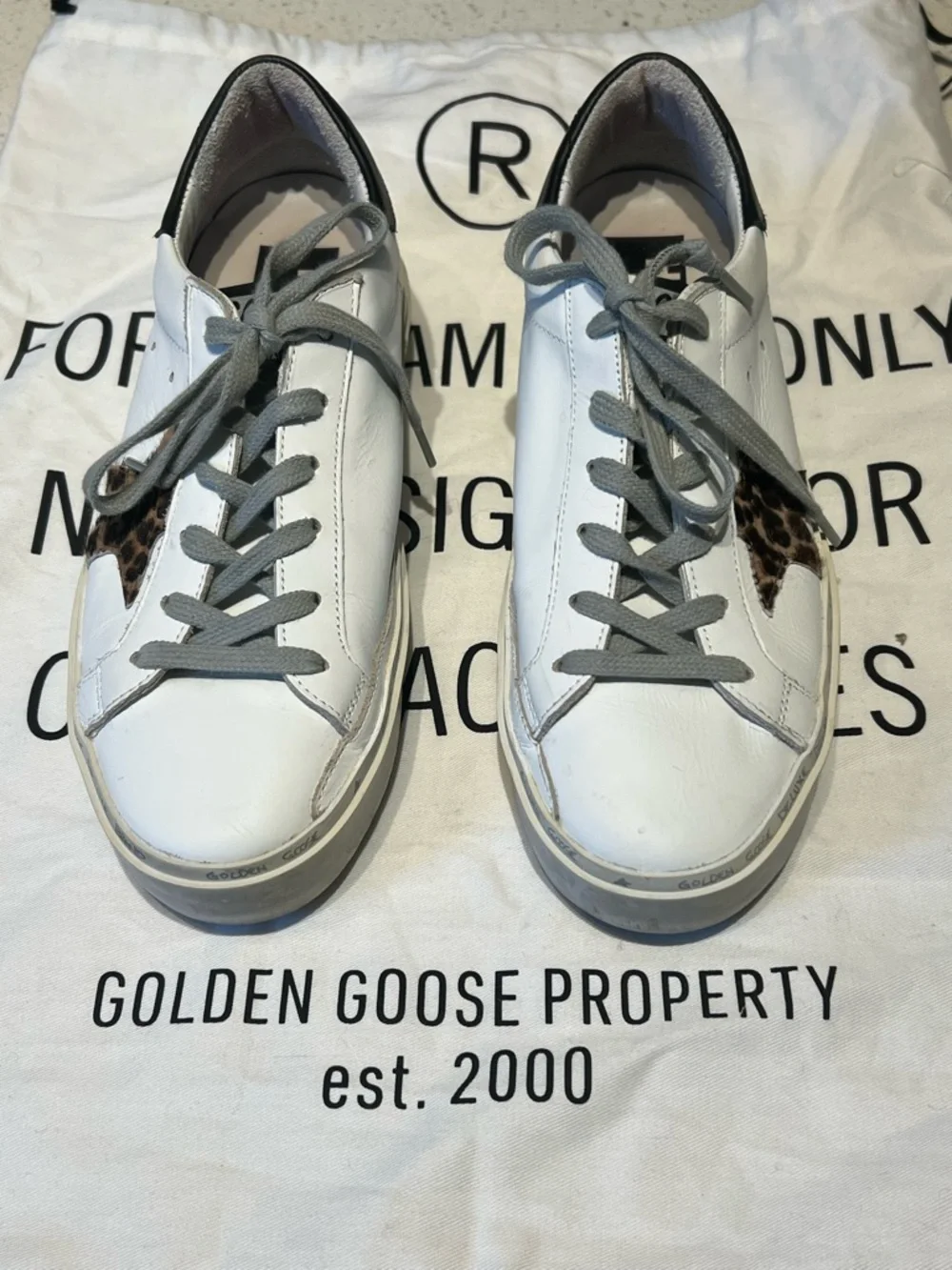 Golden Goose hi star White Leather Sneakers with Leopard Star Accent - Picture 2 of 12